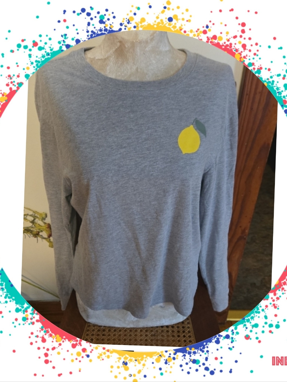 Women's Grey Long Sleeve Tee with Lemon Motif Size Medium